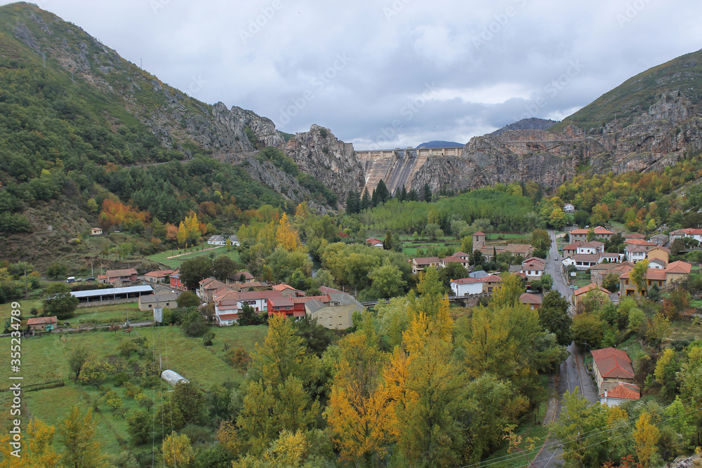 The village and dam of Barrios de Luna in autumn, province of León, northwest Spain