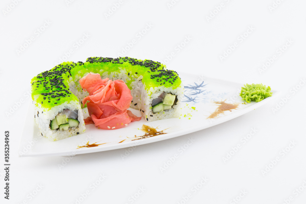 Close-up of traditional Japanese sushi on a white background. Design of the sushi bar menu. Japanese cuisine. Close-up of traditional Japanese sushi on a white background. Design of the sushi bar menu. Japanese cuisine.