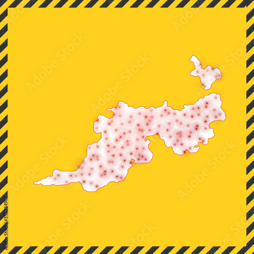 Guana Island closed - virus danger sign. Lock down island icon. Black striped border around map with virus spread concept. Vector illustration.