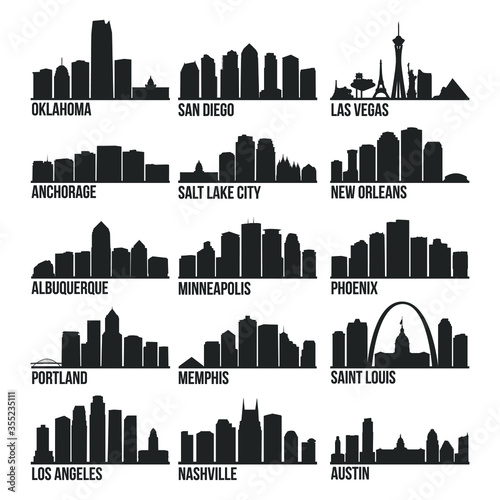 Most Famous USA Cities Skyline City Silhouette Design Collection Set 2
