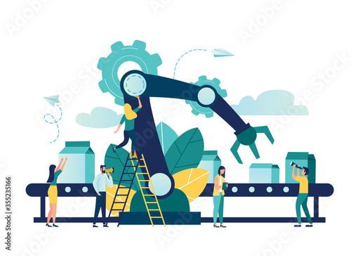 Vector illustration, a production line with workers, automation and user interface concept: user connecting with a tablet and sharing data with a cyber-physical system, Smart industry 4.0