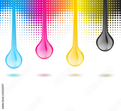CMYK drops dripping from a raster background