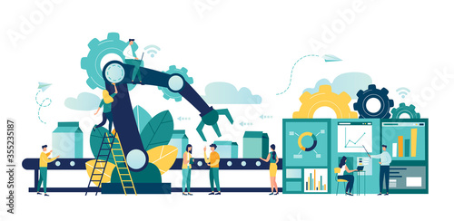 Vector illustration, a production line with workers, automation and user interface concept: user connecting with a tablet and sharing data with a cyber-physical system, Smart industry 4.0