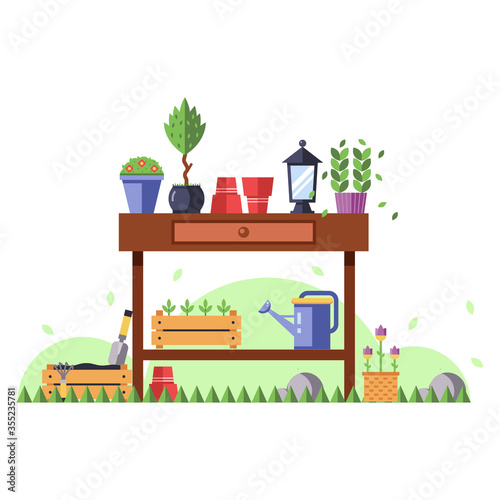 Garden table with seedlings in flat design