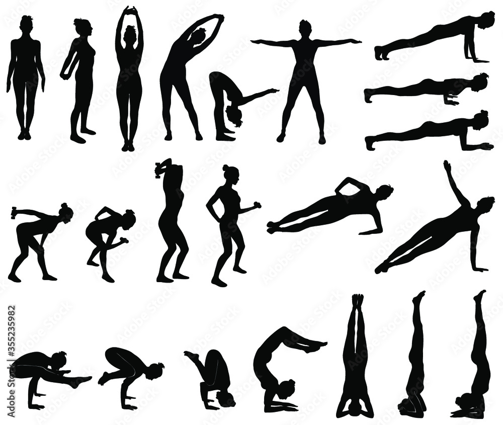 Vector silhouettes of woman practicing exercises for arms. Icons of girl doing yoga and fitness work out, stretching hands, gym, hand stand.