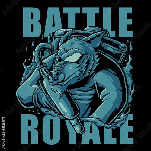 Wolf holding gun illustration. Battle royale. Wolf character design. Vector cartoon style for t-shirt design, stickers or poster