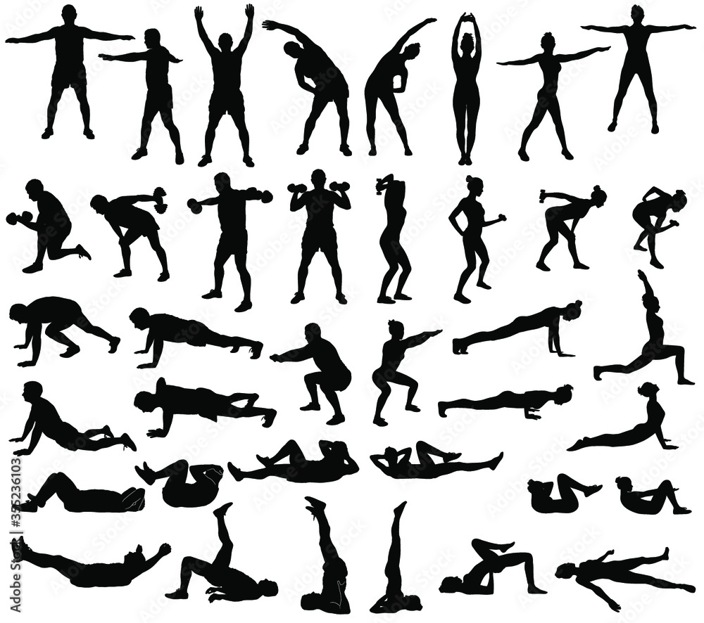 Big set of vector silhouettes of man and woman doing fitness, sport and yoga workout isolated on white background.  Icons of sportive boy and girl practicing exercises in different positions.