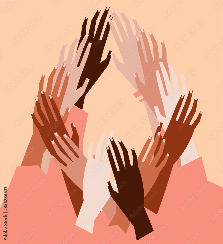 Fototapeta premium Vector illustration of a people's hands with different skin color together. Minimal flat style art.
