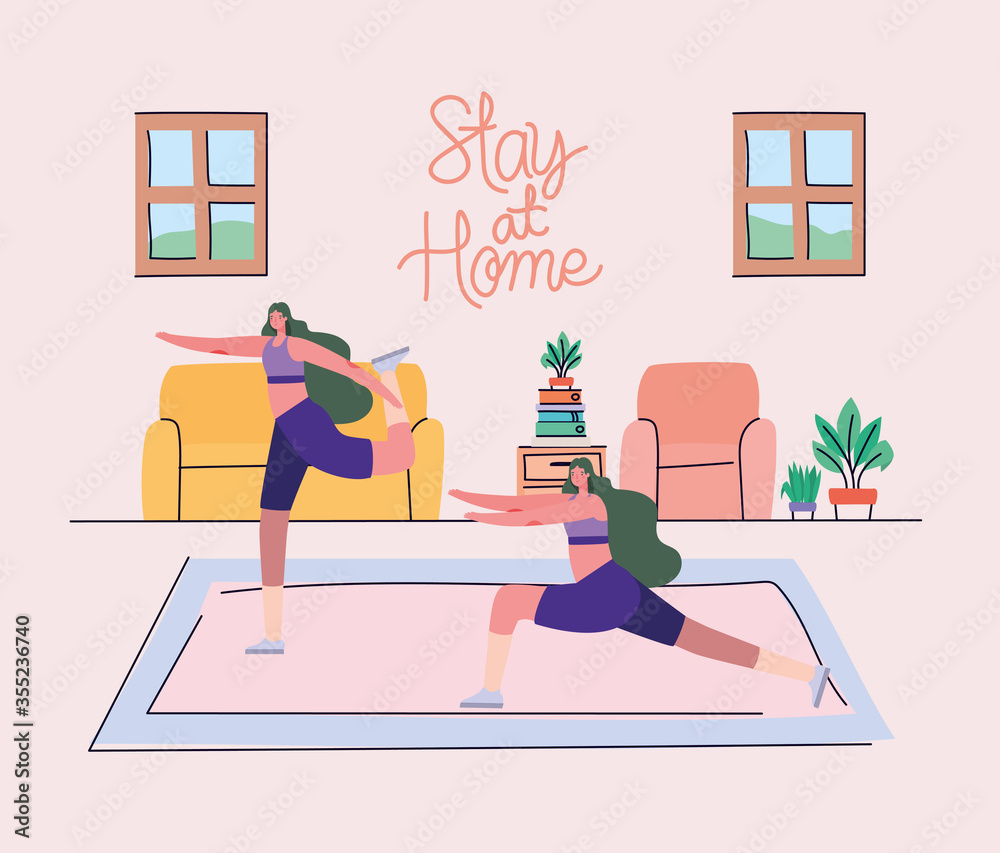 Women doing yoga design of Stay at home theme Vector illustration Women doing yoga design of Stay at home theme Vector illustration