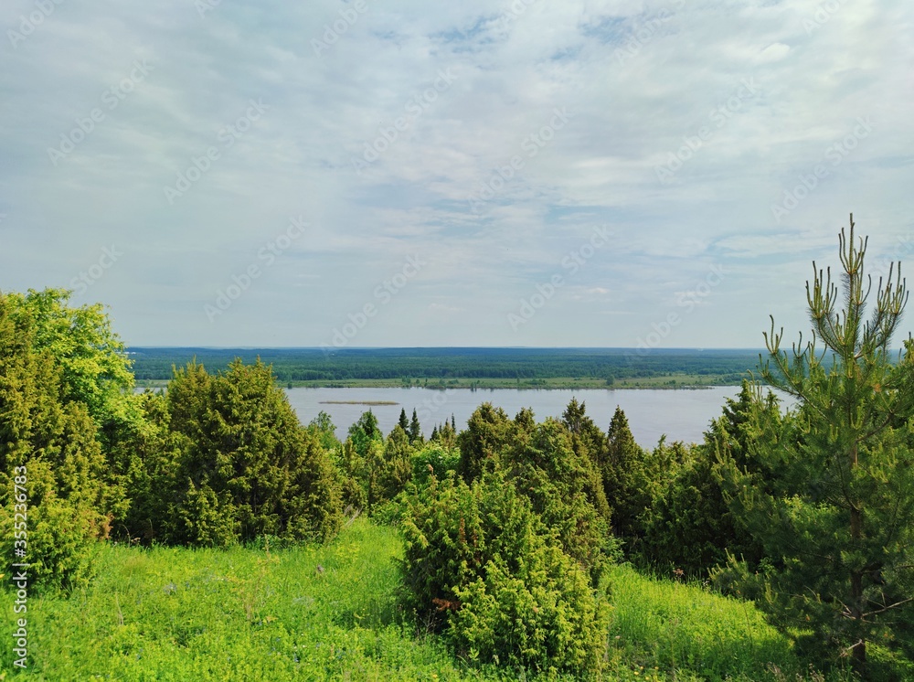 beautiful view from the forest slope of the mountain with green pines near the river against the blue cloudy sky