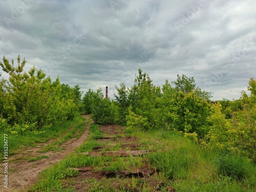 destroyed and dismantled railway with the remains of sleepers among the greenery of bushes and trees near the plant against a dark sky with clouds