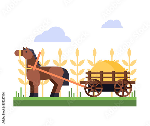 Horse with a cart of haystacks in flat design