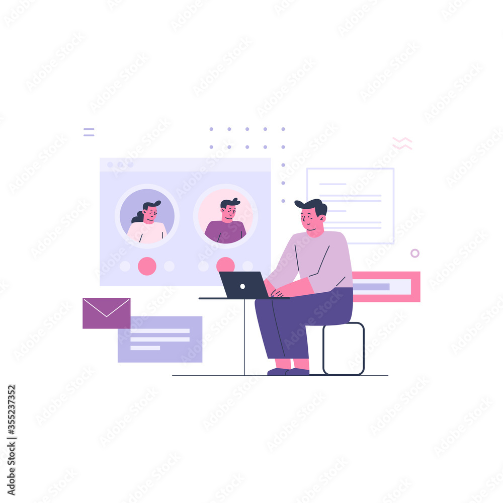 Fototapeta premium Business Man Working with Online Colleagues