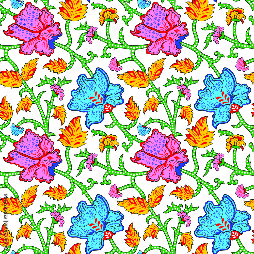 kalamkari outline flower vector pattern design.