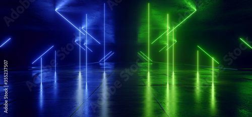 Neon Glowing Sci Fi  Glowing Green Blue Futuristic Laser Beams Bouncing On Dark Grunge Concrete Tiled Floor Night Stage Showroom Garage Warehouse Cyber Background 3D Rendering