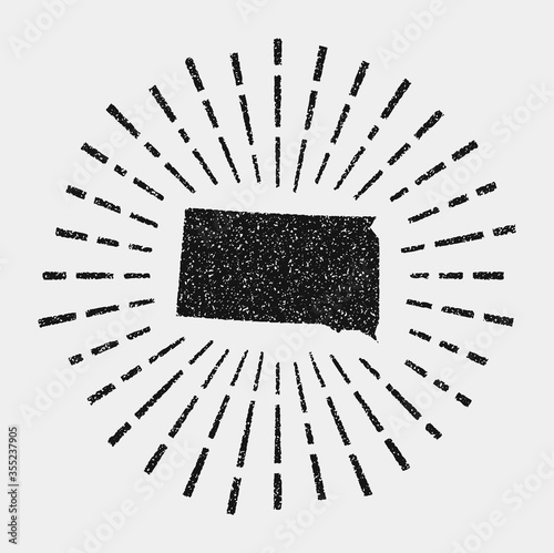 Vintage map of South Dakota. Grunge sunburst around the US state. Black South Dakota shape with sun rays on white background. Vector illustration.