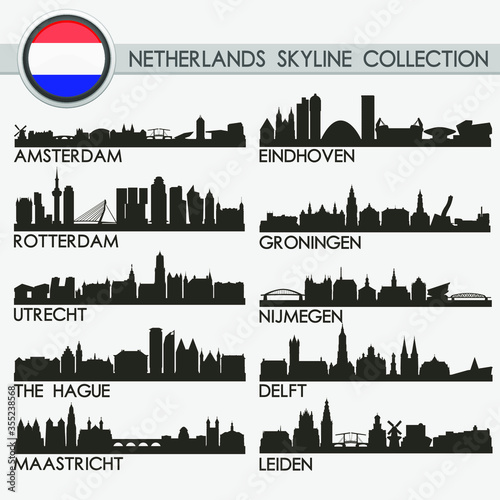 Most Famous Netherlands Cities. Travel Skyline City Silhouette. Design Collection Set.