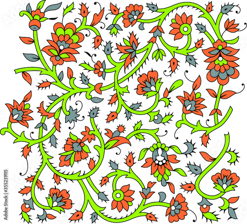 colorful vector floral flower leaf kalamkari outline pattern design