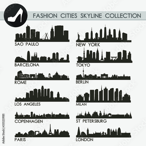 Canvas Print Most Famous Fashion Cities Travel Skyline City Silhouette Design Collection Set