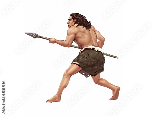 Full Color Illustration of Neanderthal Hunting with Spear Isolated in White