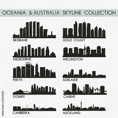 Most Famous Oceania Travel Skyline City Silhouette Design Collection Set