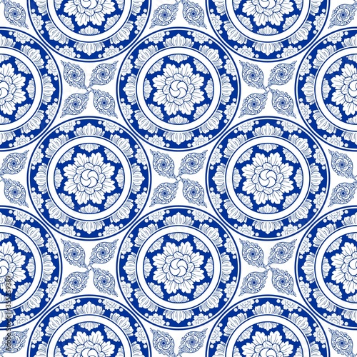 "Line Thai or indigo blue Porcelain plate" Thailand Traditional illustration design with lotus and flower seamless pattern vector with white background