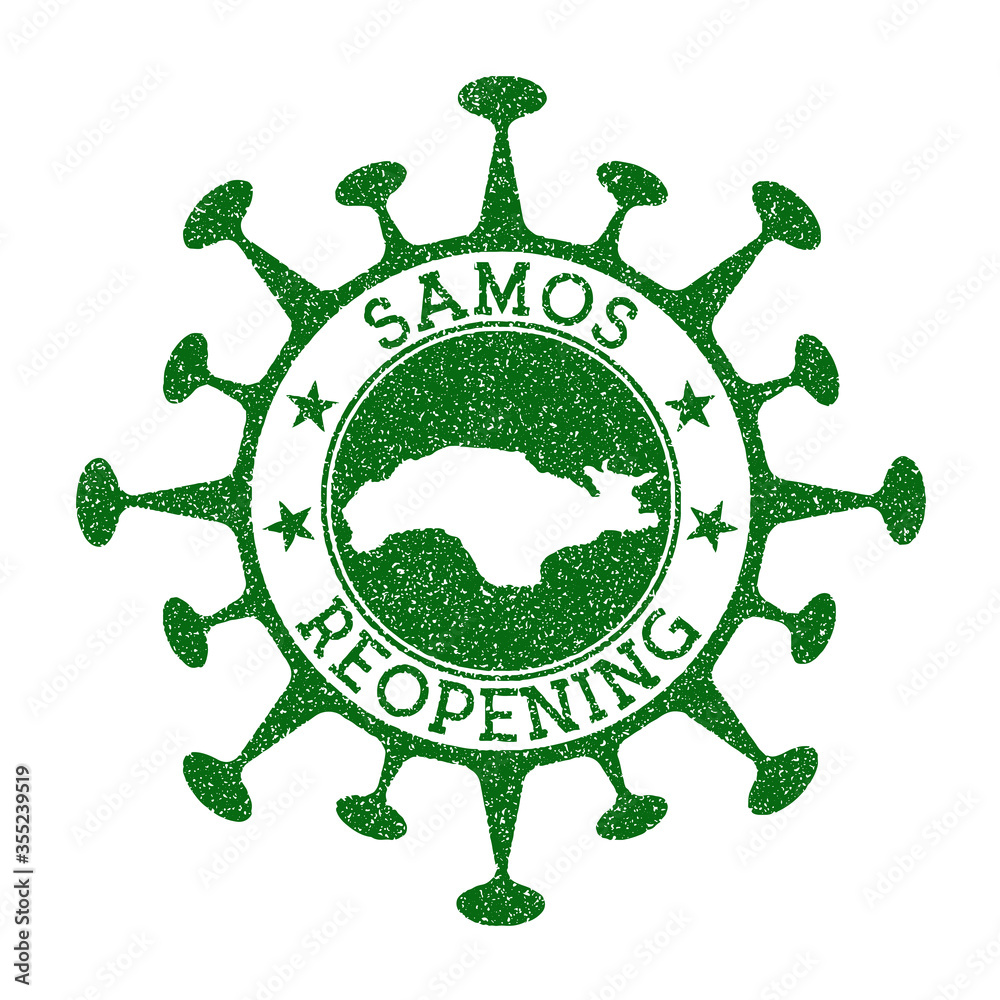 Samos Reopening Stamp. Green round badge of island with map of Samos. Island opening after lockdown. Vector illustration.
