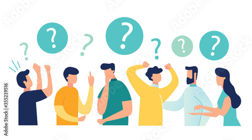 Vector illustration of communication of people in search of solutions to problems, use in web-projects and applications, collective thinking