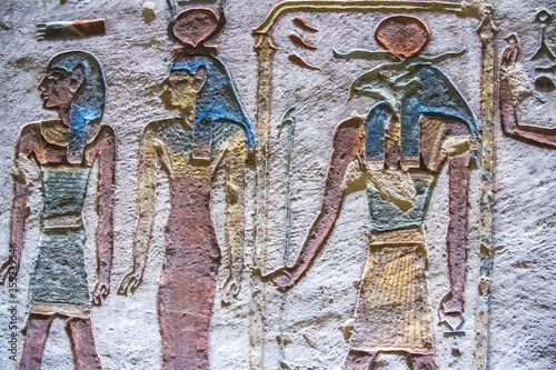 Burial chamber with colorful Egyptian hieroglyphics at the valley of the kings, Luxor, Egypt