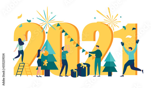 Vector illustration small people are preparing for the new year  are engaged in decoration  the inscription New Year 2021