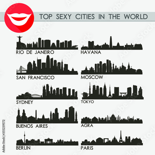 Top Sexy City in the World Skyline Silhouette Icon Flat Vector Design Collection Set photo