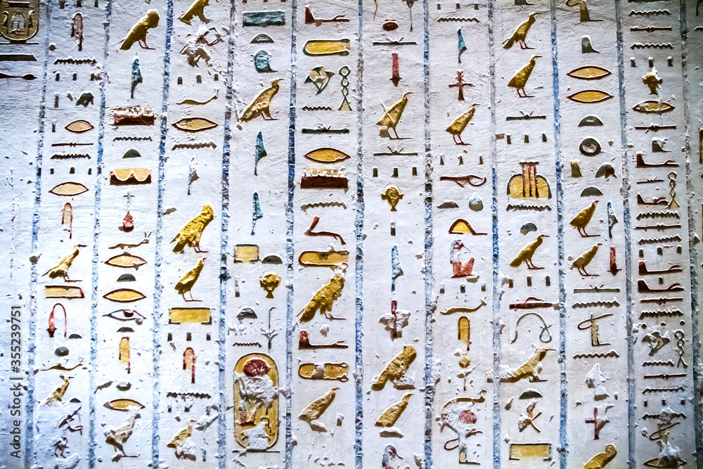 Burial chamber with colorful Egyptian hieroglyphics at the valley of the kings, Luxor, Egypt