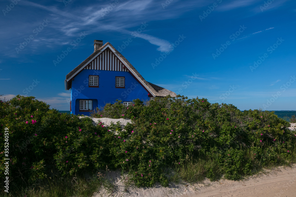 Fototapeta premium blaues Ferienhaus am Meer, Ostsee, Urlaub, Auszeit