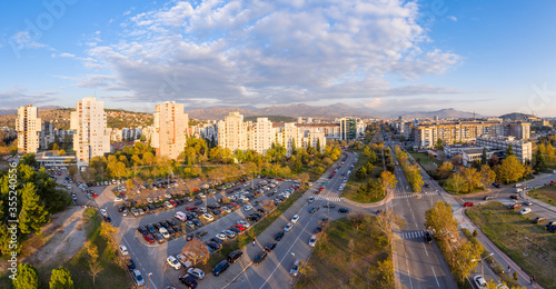 Podgorica Montenegro: City block 5 and main boulevard late in the afternoon, close to sunset. Aerial panorama of high rise buildings in residential neighborhood.