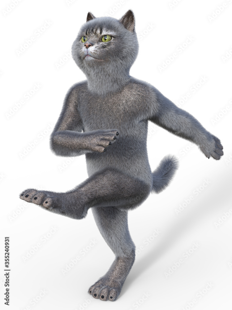 Gray cat marching pathetically with the left leg, calf and foot lifted high, eyes straight ahead. 3d render isolated on white.