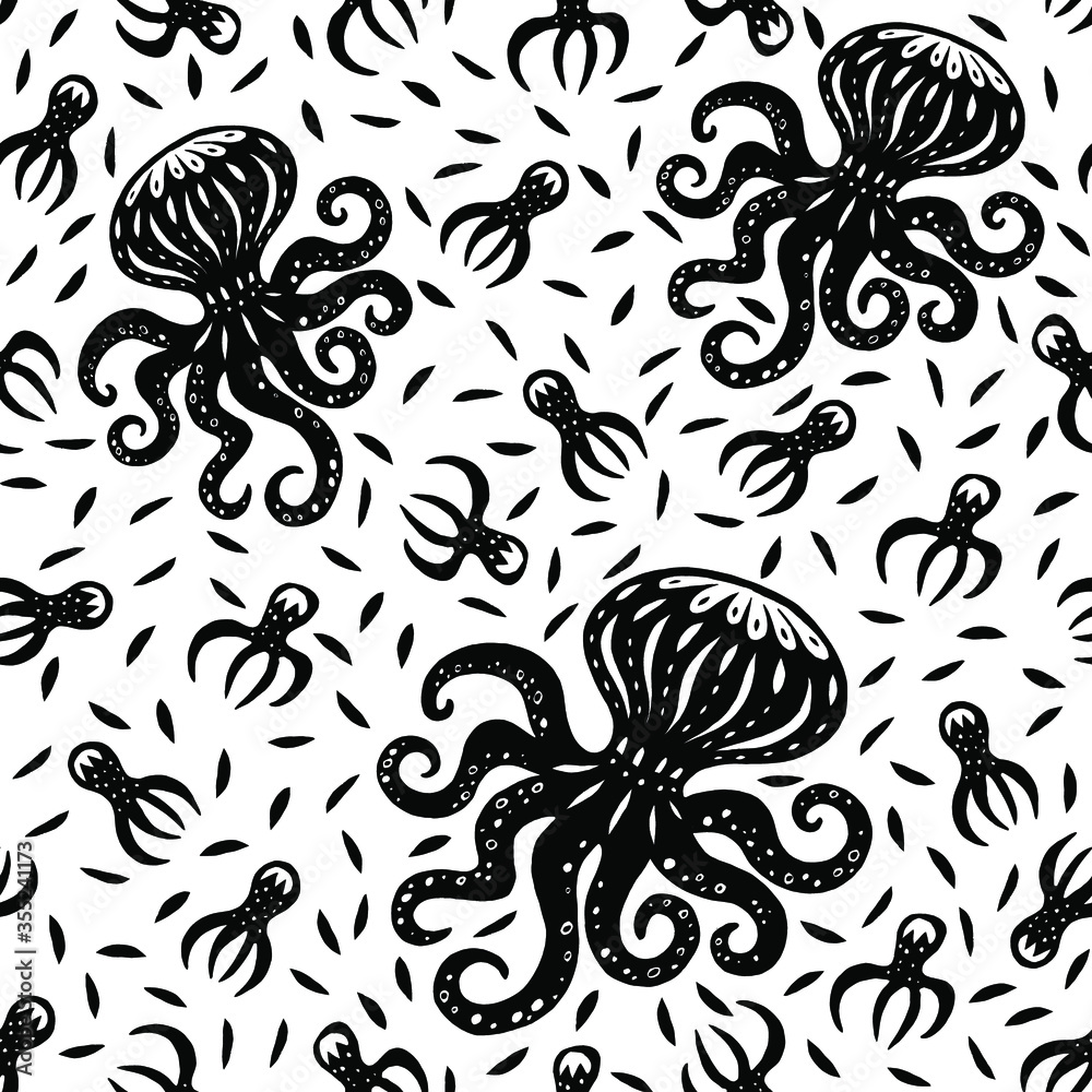 Octopus hand drawn illustrations isolated on white background seamless ...