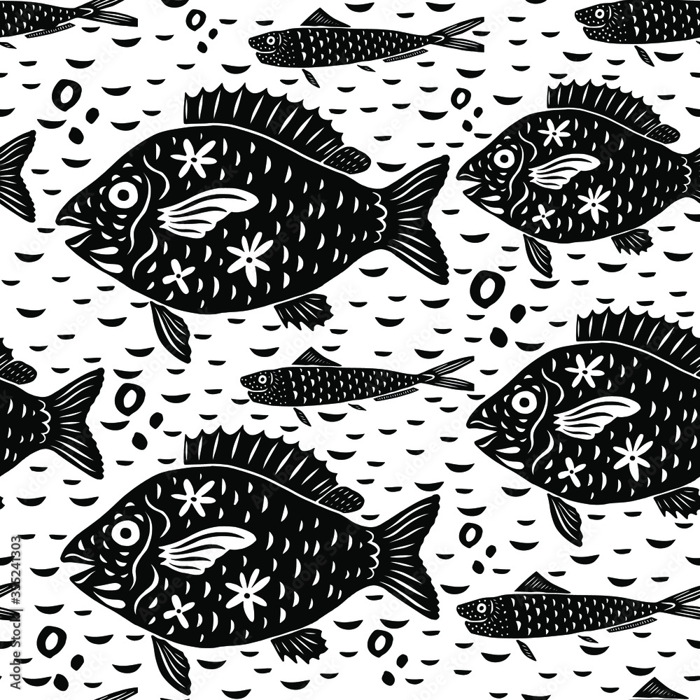 Red Snapper in modern cartoon folk style seamless pattern. Isolated sardines, fish silhouettes on white background, vector illustration for restaurant menu, marine decor. Red Snapper in modern cartoon folk style seamless pattern. Isolated sardines, fish silhouettes on white background, vector illustration for restaurant menu, marine decor.