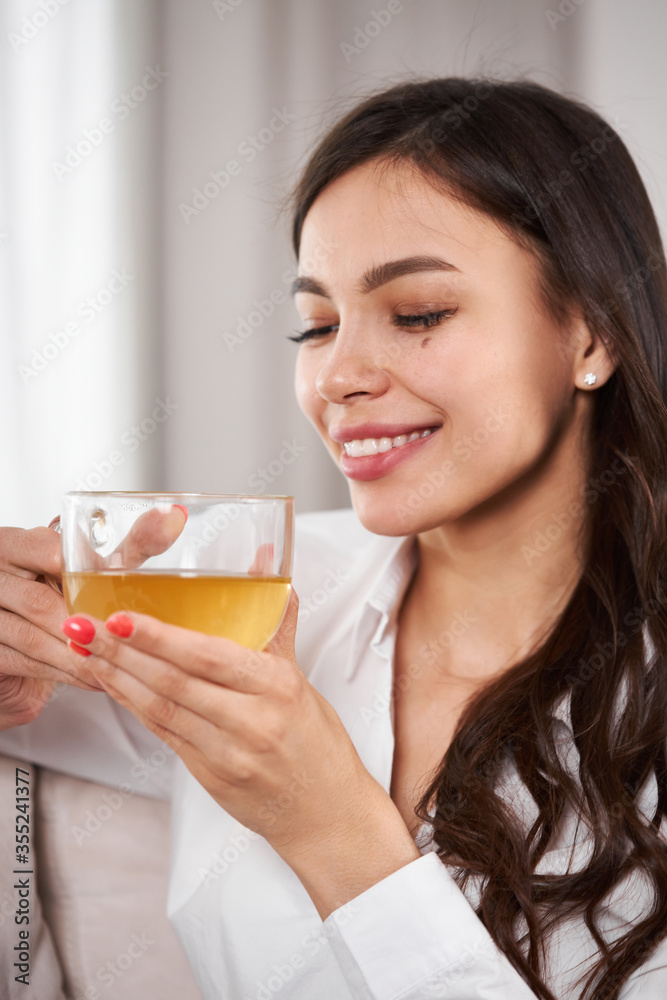 The young girl. Beautiful girl smiles and holds a mug of tea. Model is sitting on the sofa at home. The concept of beauty and comfort. The young girl. Beautiful girl smiles and holds a mug of tea. Model is sitting on the sofa at home. The concept of beauty and comfort.