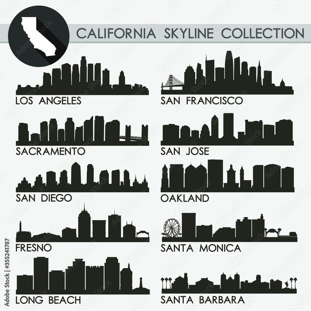 California USA Skyline Silhouette Icon Flat Vector Design Collection Set