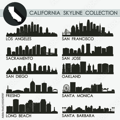 California USA Skyline Silhouette Icon Flat Vector Design Collection Set