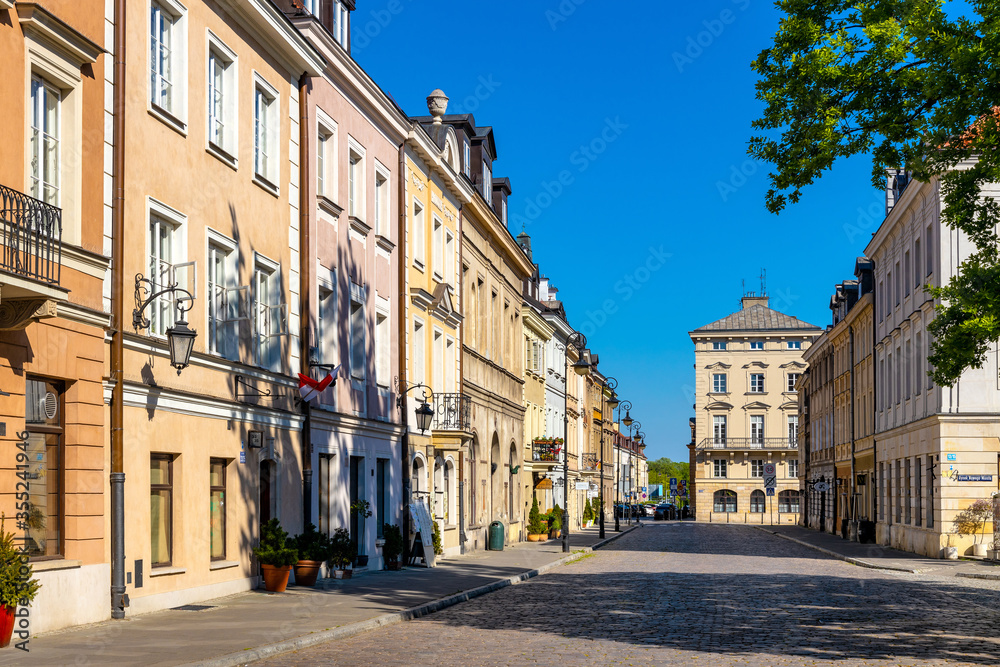 Colorful renovated tenement houses of historic New Town quarter - Nowe Miasto - along Freta street in Warsaw, Poland