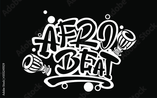 Afro Beat text with African drums. Hand lettering illustration made in graffiti font. Good as event logo, dance studio, poster.