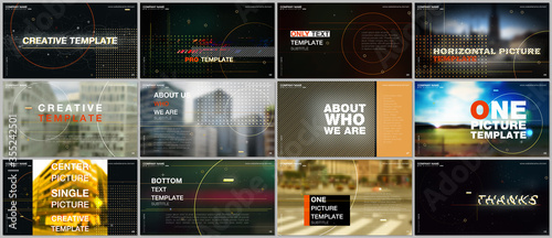 Presentations design vector template with technology backgrounds, glitches, lines, dots and circles. Templates for presentation slide, flyer leaflet, brochure cover. Hi-tech futuristic graphic concept