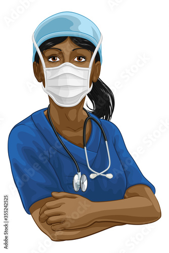A female doctor or nurse woman medical healthcare professional in scrubs uniform character with arms folded and serious but caring look. Wearing face mask PPE