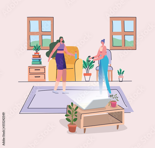 Women doing sport in front of laptop design of Stay at home theme Vector illustration