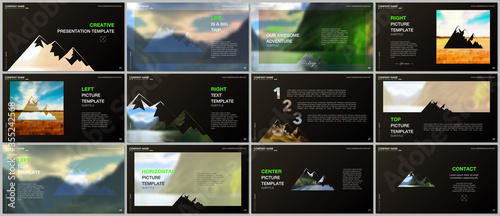 Presentations design, vector templates. Background for tourist camp, nature tourism, camping. Aadventure design concept. Multipurpose template for presentation slide, flyer leaflet, brochure cover.
