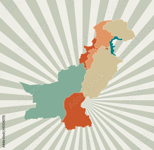 Pakistan map. Poster with map of the country in retro color palette. Shape of Pakistan with sunburst rays background. Vector illustration.