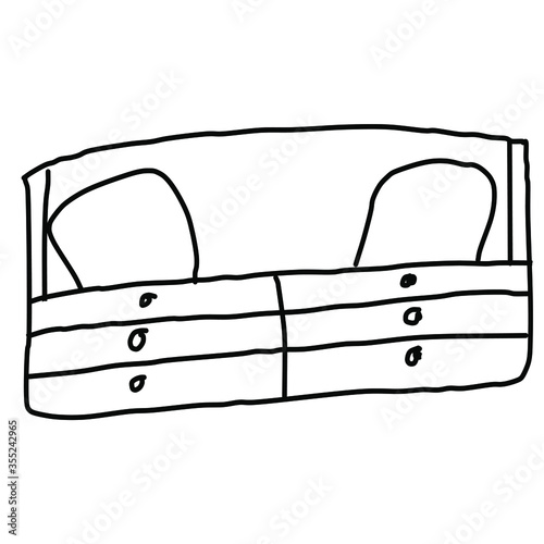 Single daybed with drawers and pillows. Drawing in the Doodle style. Isolated on a white background. Vector illustration in lines. Comfortable and stylish daybed.  For design, decoration, web, colorin
