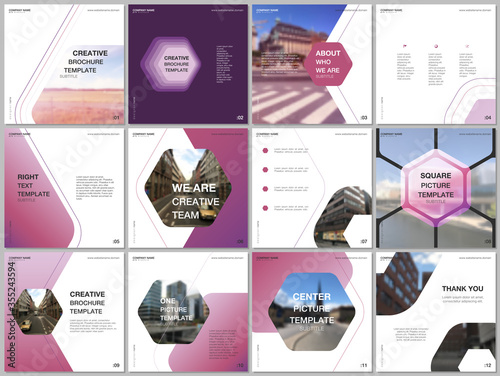 Minimal brochure templates with hexagonal design background, hexagon style pattern. Covers design templates for square flyer, leaflet, brochure, report, presentation, advertising, magazine.