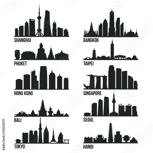 Asia Cities Most Famous Skyline City Silhouette Design Collection Set Pack